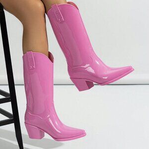 Glossy Pink Outdoor Women's Rain Boots